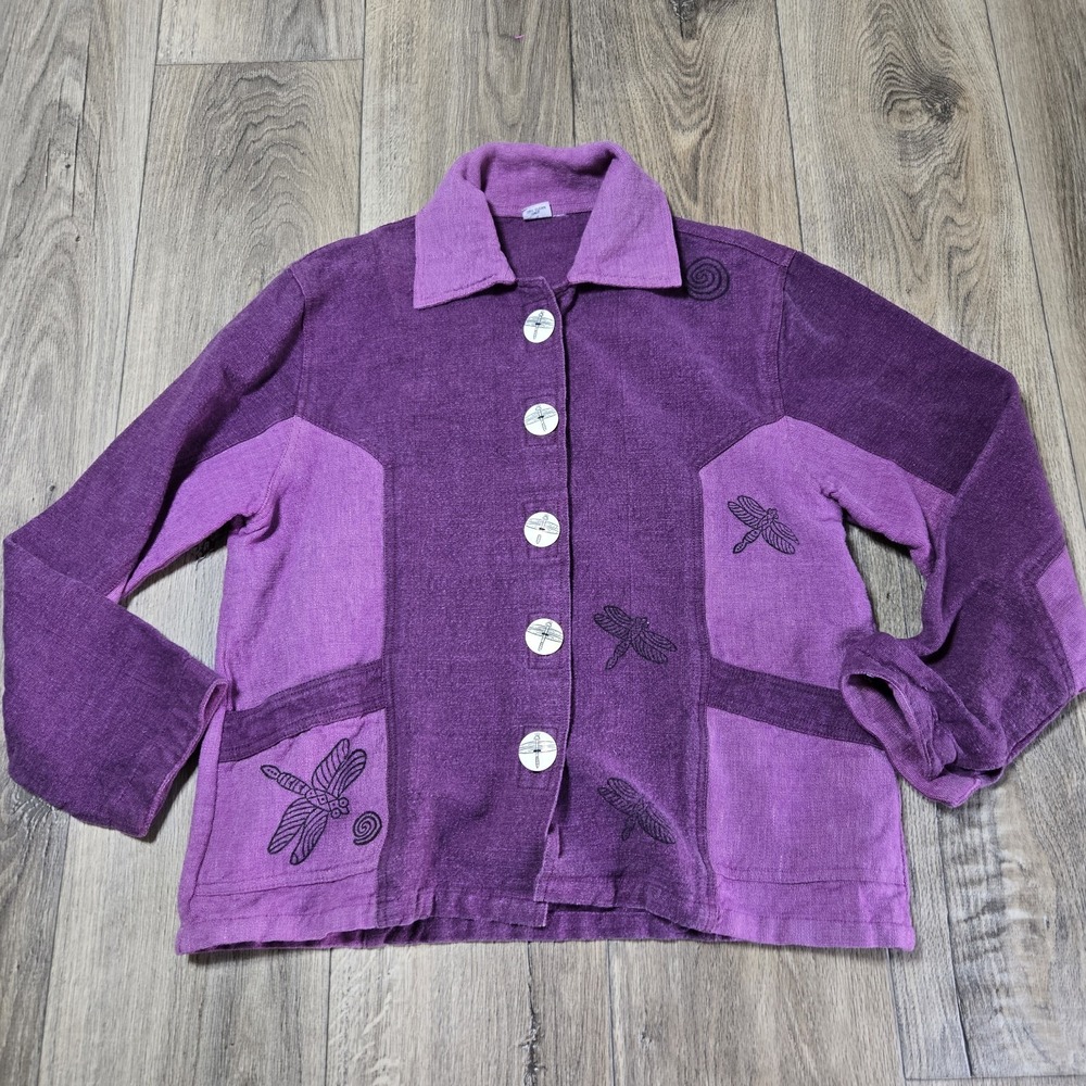 Venus Imports Jacket Womens Small Purple Tweed Dragonfly Print Button Front